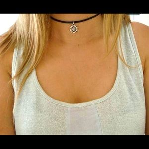 Flax Black Leather Cord Choker with Sunflower